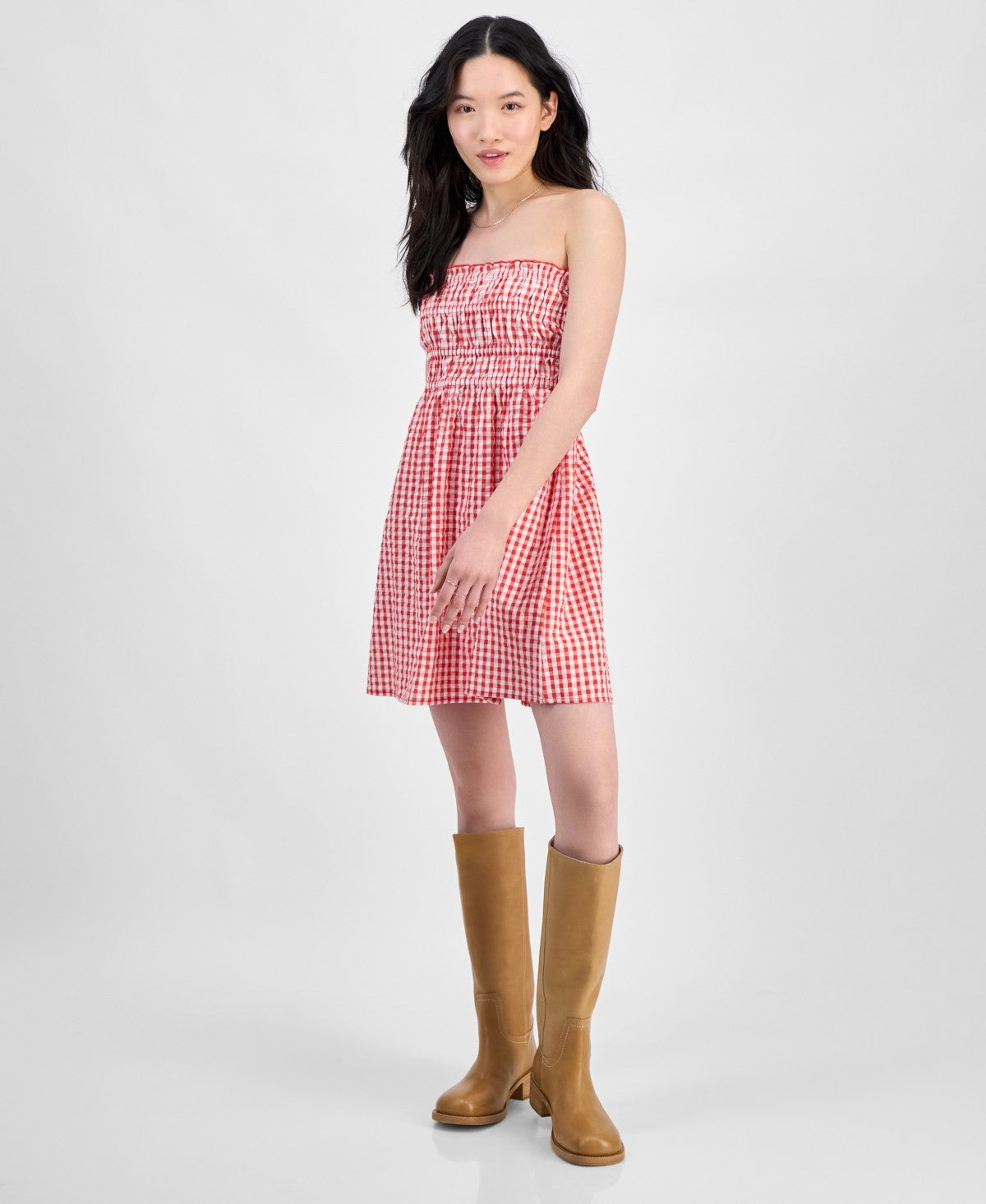 strapless hippie dress Rose Juniors' Cotton Gingham Mini - Red Allegra Lace Midi Dress Welcome the summers in ankle to floor Color:Raisin Win