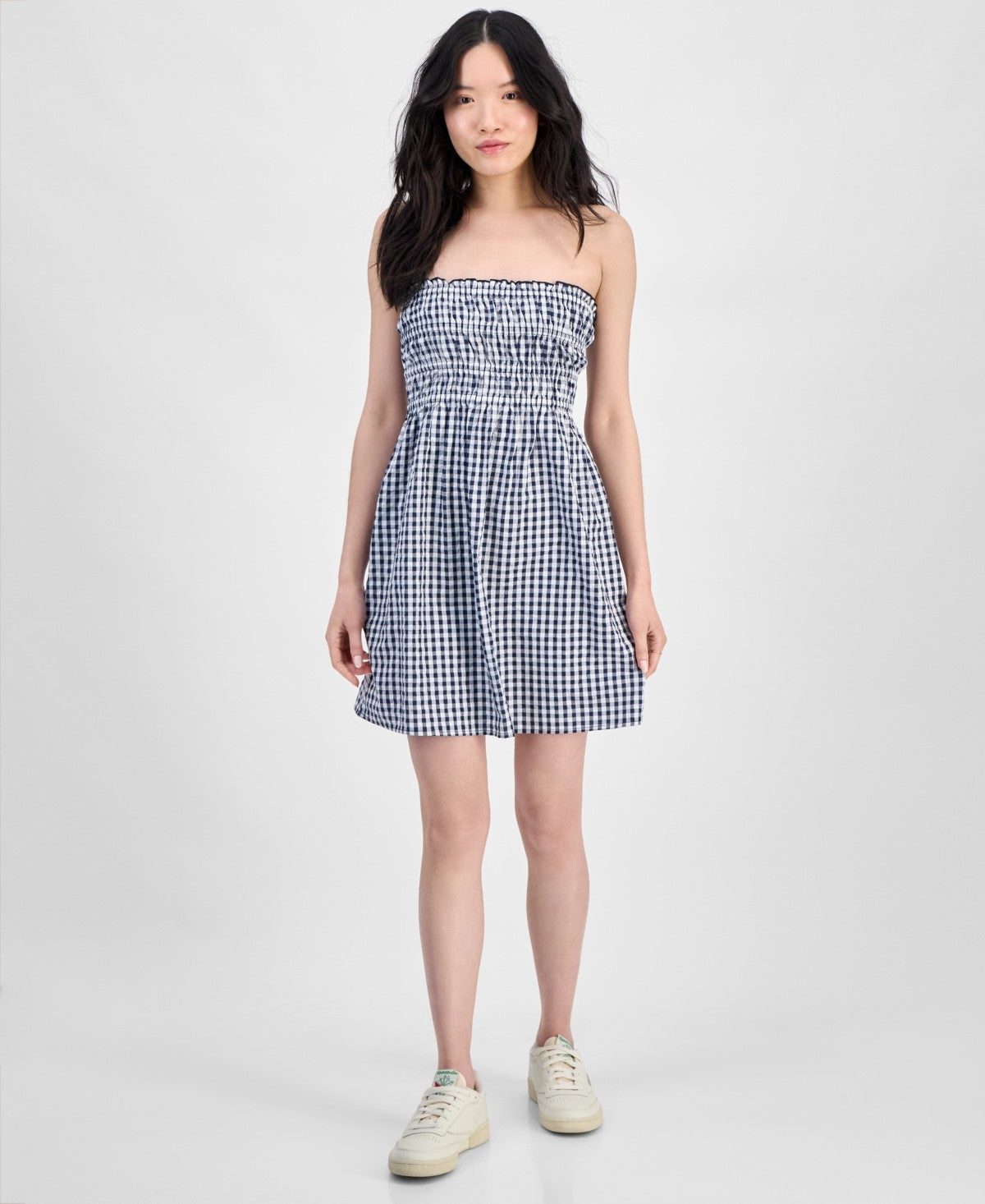 Hippie Rose Juniors' Cotton Gingham Strapless Mini Dress - Navy