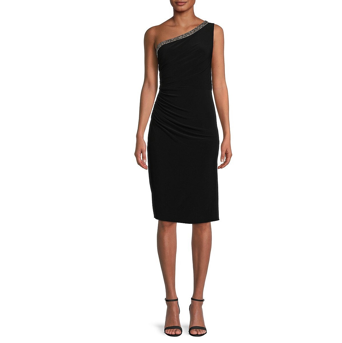 Adrianna Papell Size 4 Black Beaded One Shoulder Dress