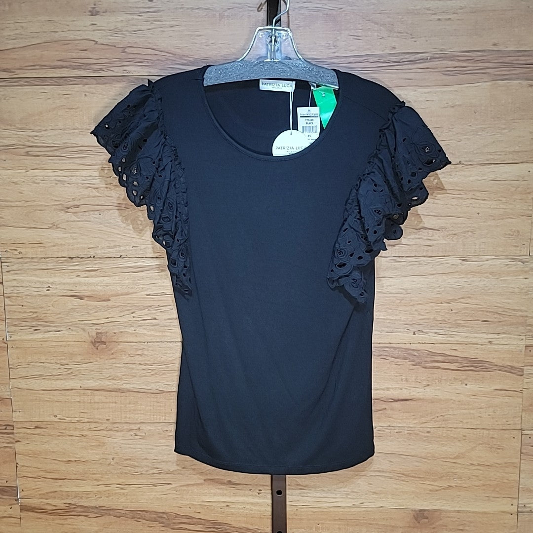 Patricia Luca Size XS Black Eyelet Ruffled Sleeve Crewneck Pullover NWT