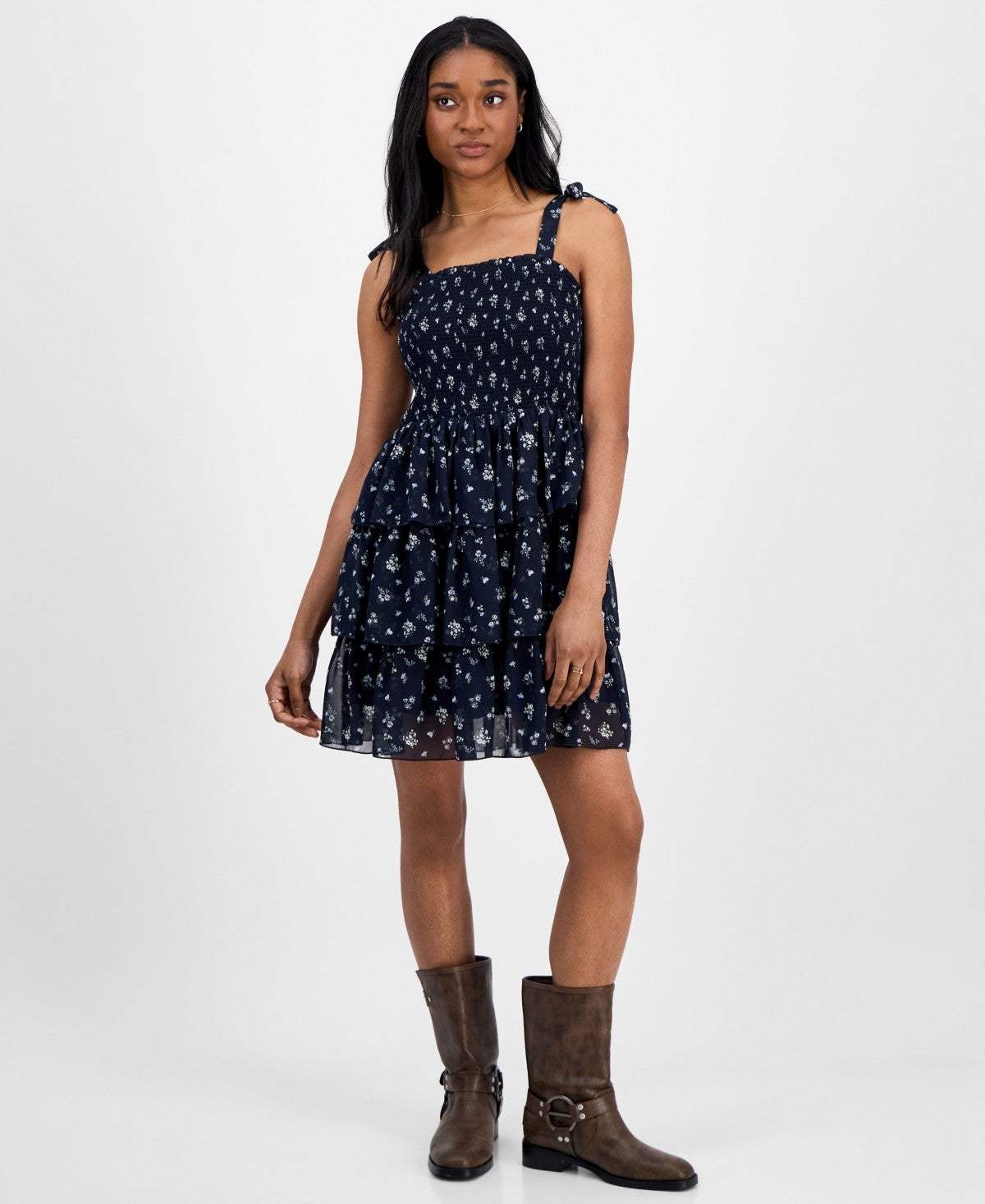 Celebrity Pink Juniors' Floral-Print Smocked Tiered Chiffon Mini Dress - Navy Blazer Floral