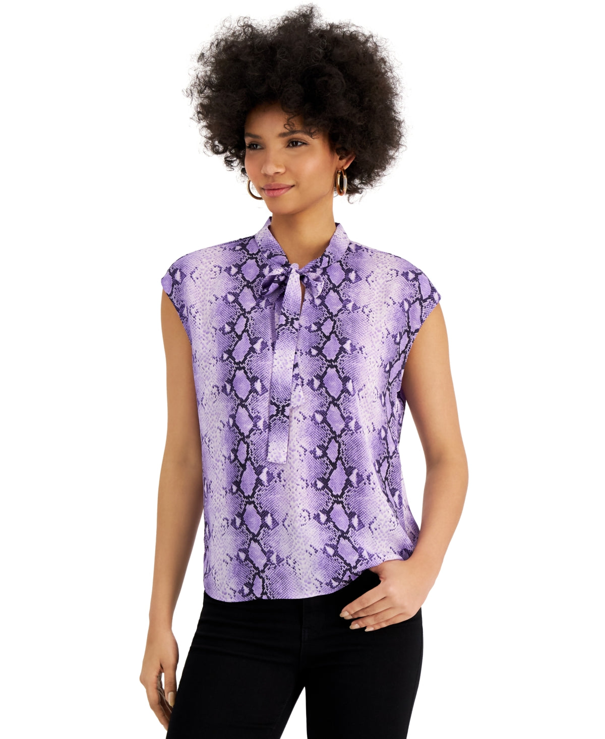 Bar III Size M Purple Snake Print tie Neck Blouse NWT