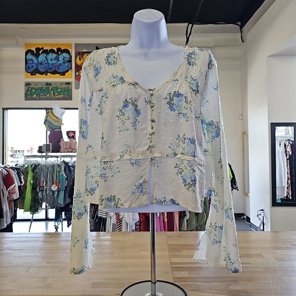 Juniors Self Esteem Floral Gauze Yoke Bell Sleeve Blouse
