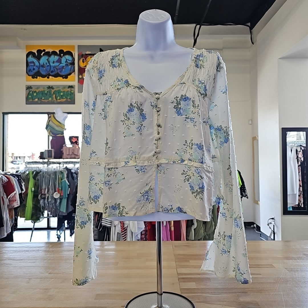 Juniors Self Esteem Floral Gauze Yoke Bell Sleeve Blouse