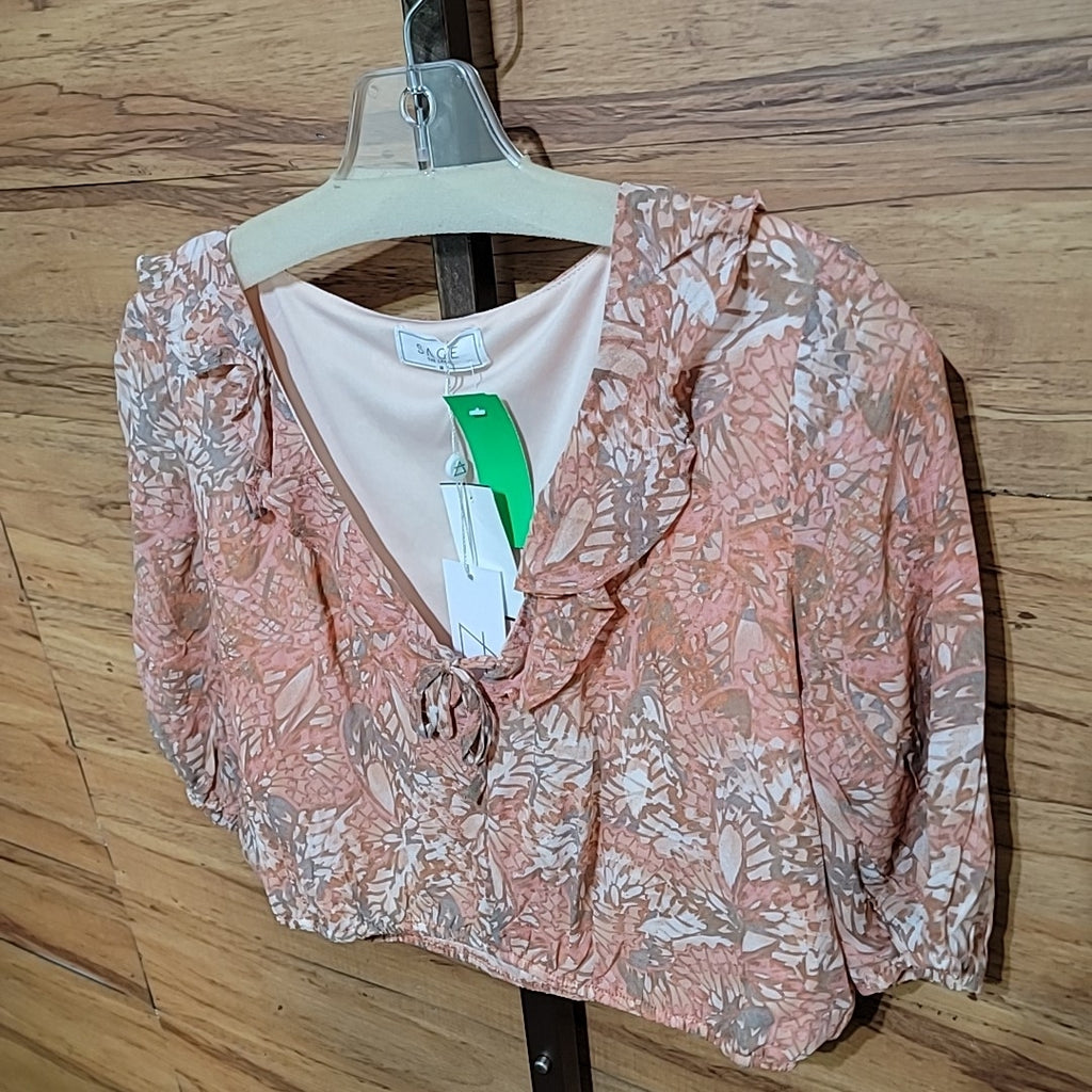 Sage the Label Size M Peach Print V-Neck Puff Sleeve Blouse NWT