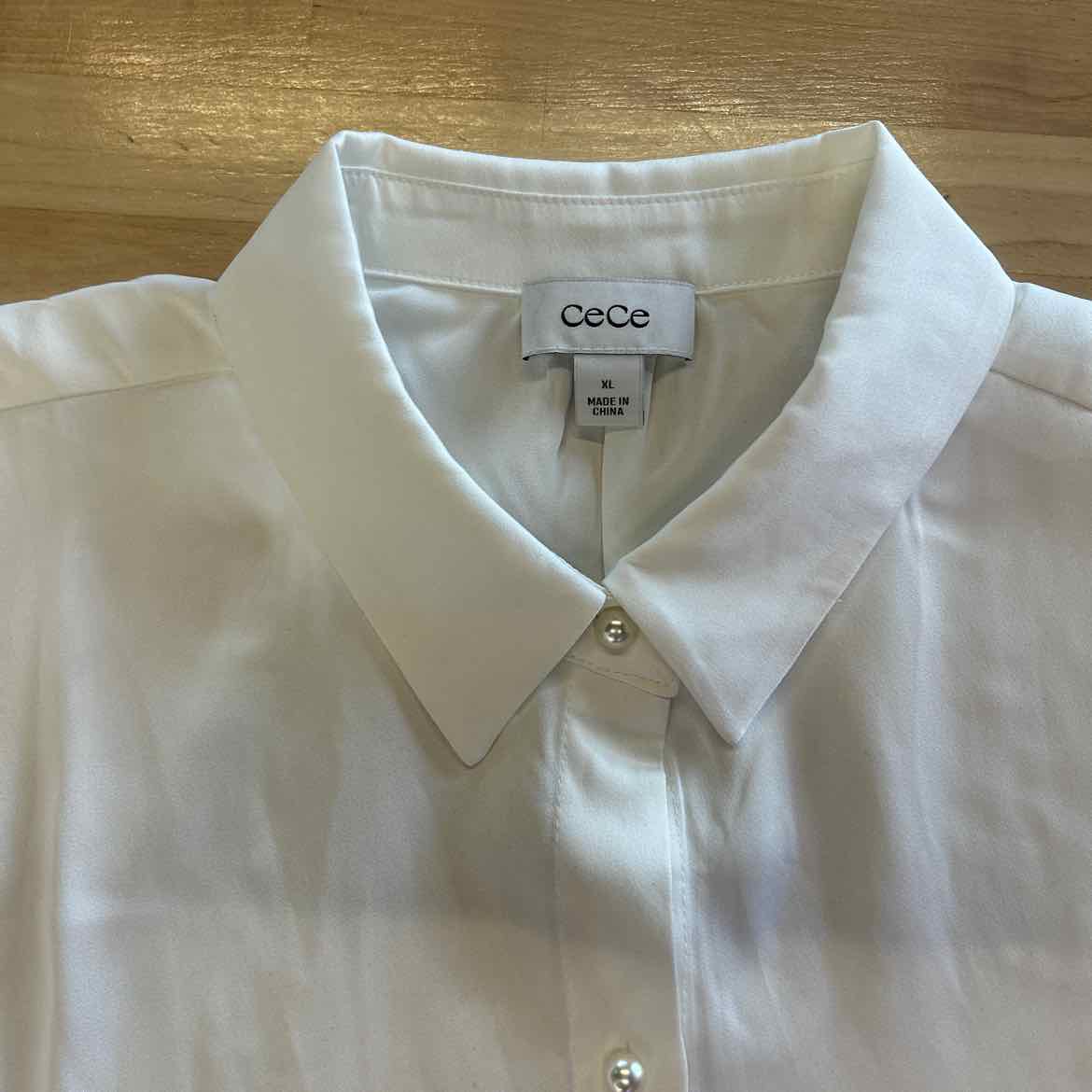 CeCe Women's Luxe Satin Imitation Pearl Button Down Blouse