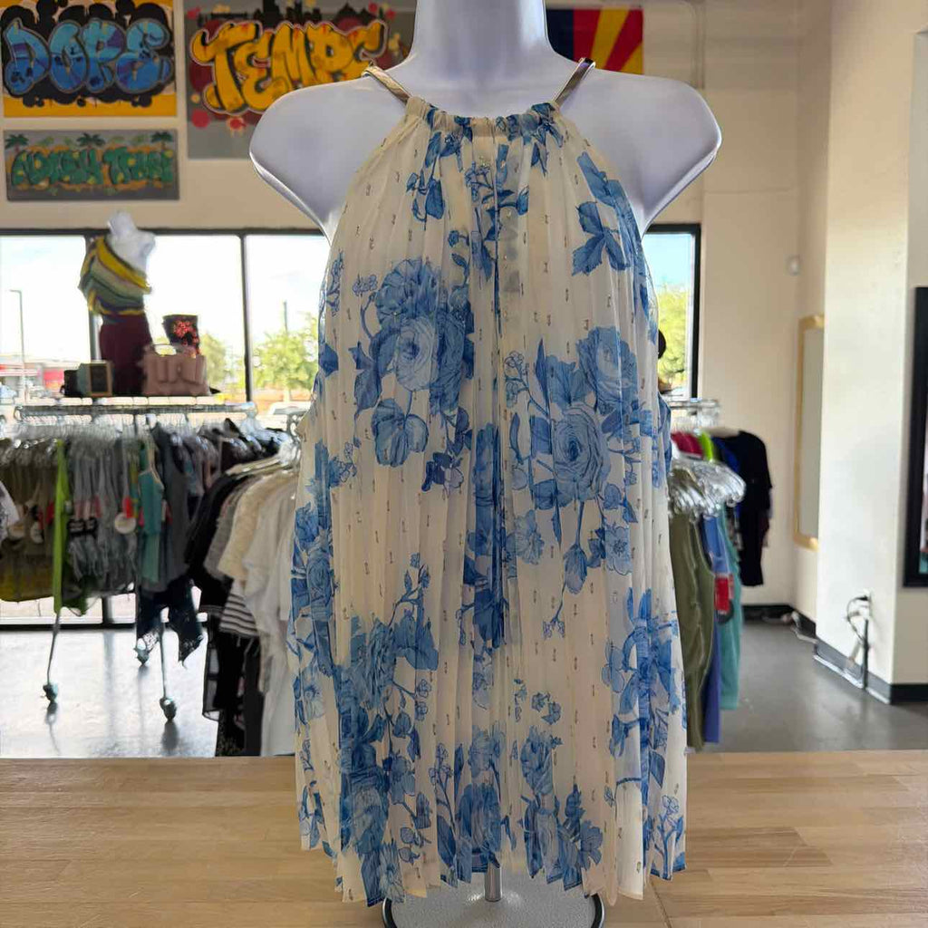 MKS Size XL Floral-Print Pleated-Chiffon Halter Top - Airy Blue NWT
