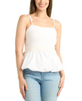 BCX Size M Solid Poplin Bubble-Peplum Square-Neck Top