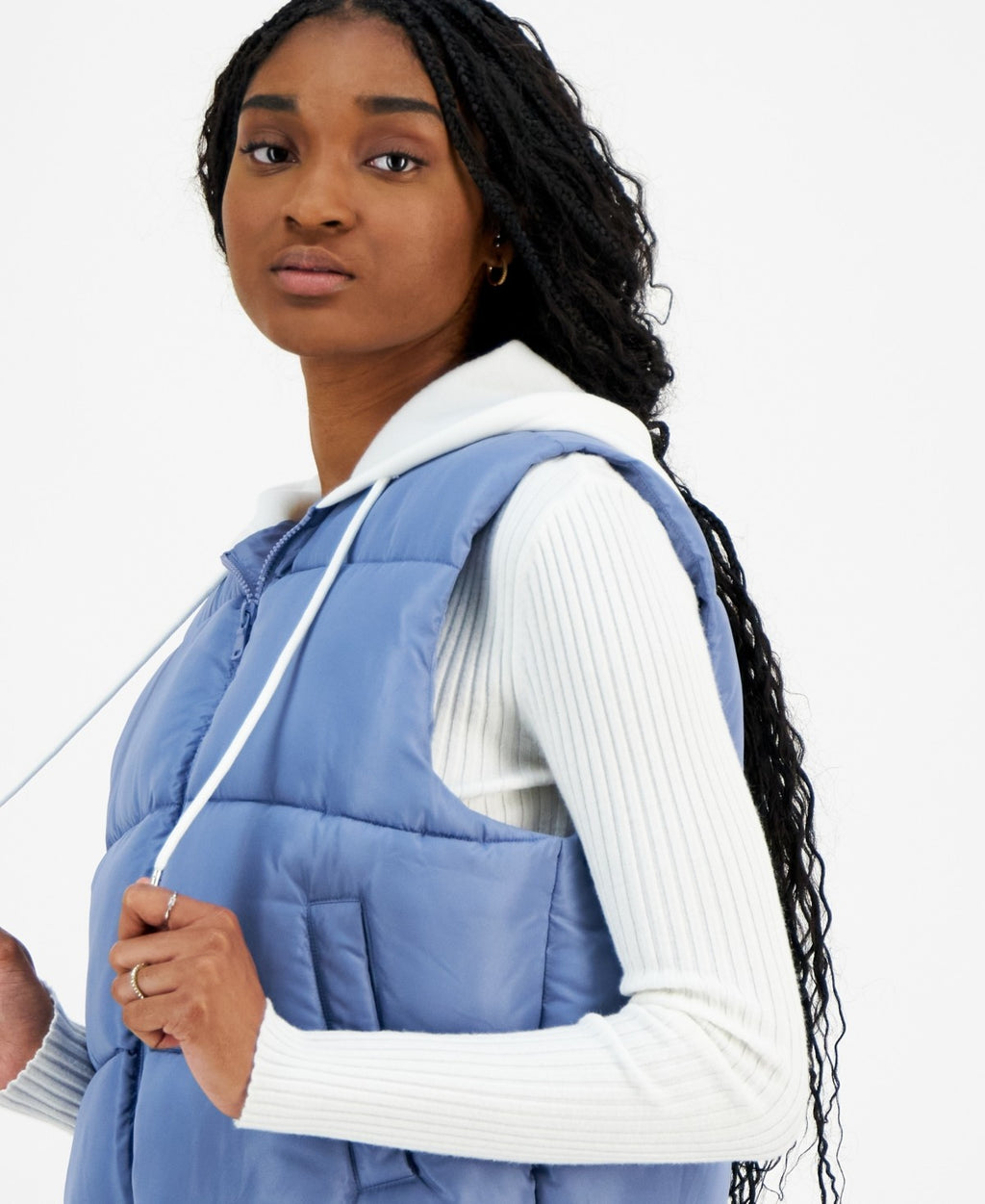 Madden Girl Size M Juniors' Hoodie Puffer Vest - Rustic Blue