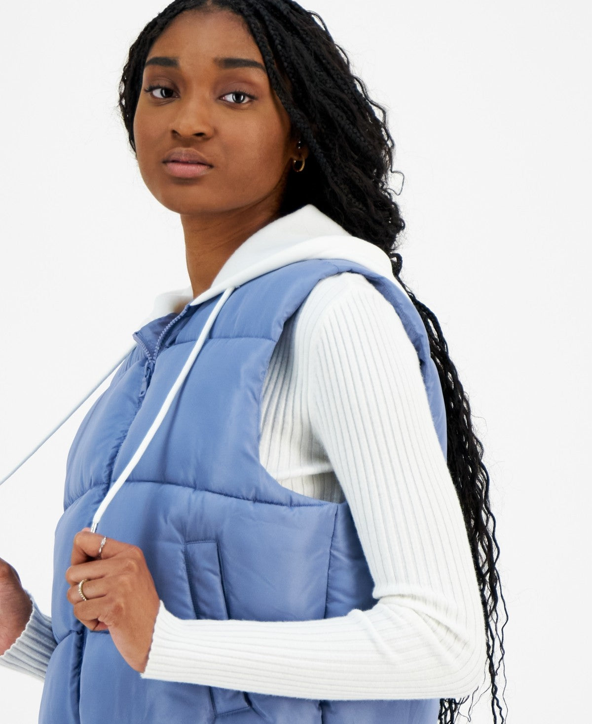 Madden Girl Size M Juniors' Hoodie Puffer Vest - Rustic Blue