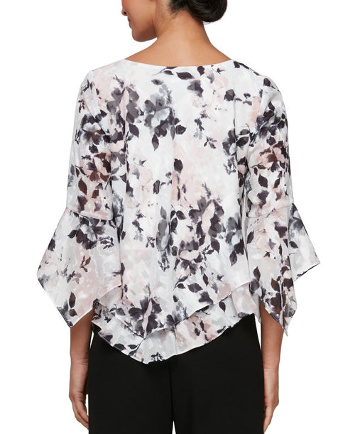 Alex Evenings Women's Printed Pointed-Hem 3/4-Sleeve Blouse - Ivory/Pink