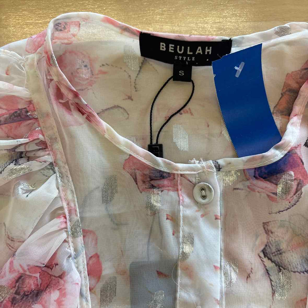 Beulah Size M Pink Print 2 pc Cascade Ruffle Neck Bishop Sleeve Top & Skirt NWT