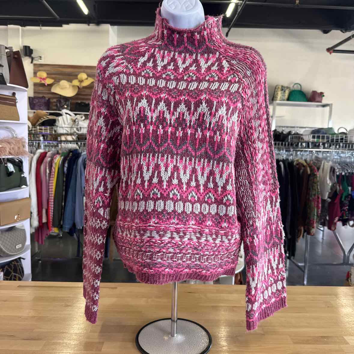 Steve Madden Women's Indie Fair Isle Mock-Neck Sweater - Fuschia