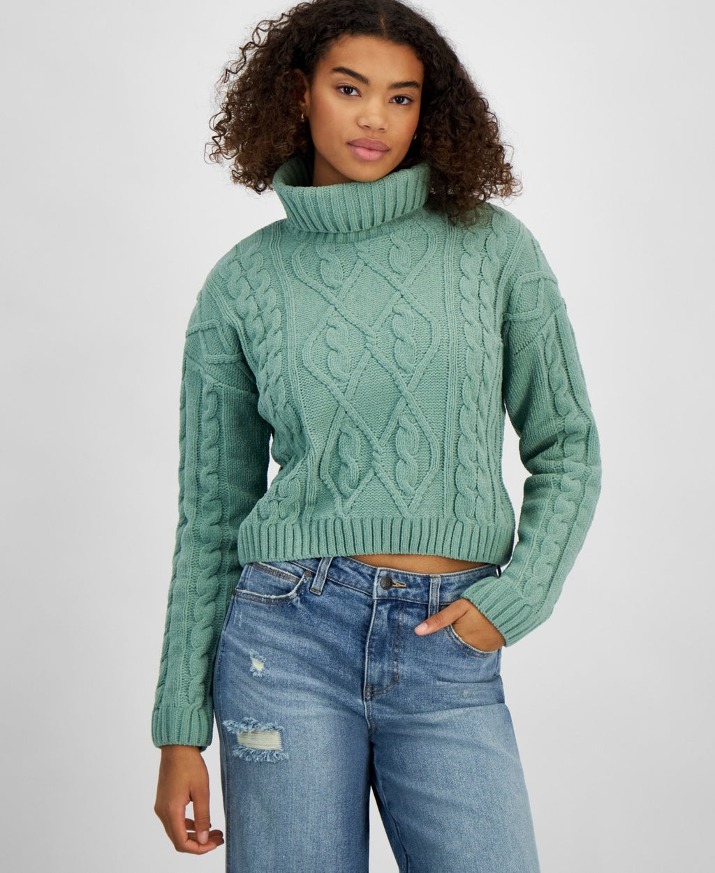Hippe Rose Juniors' Cropped Cable-Knit Turtleneck Sweater - Irish Green