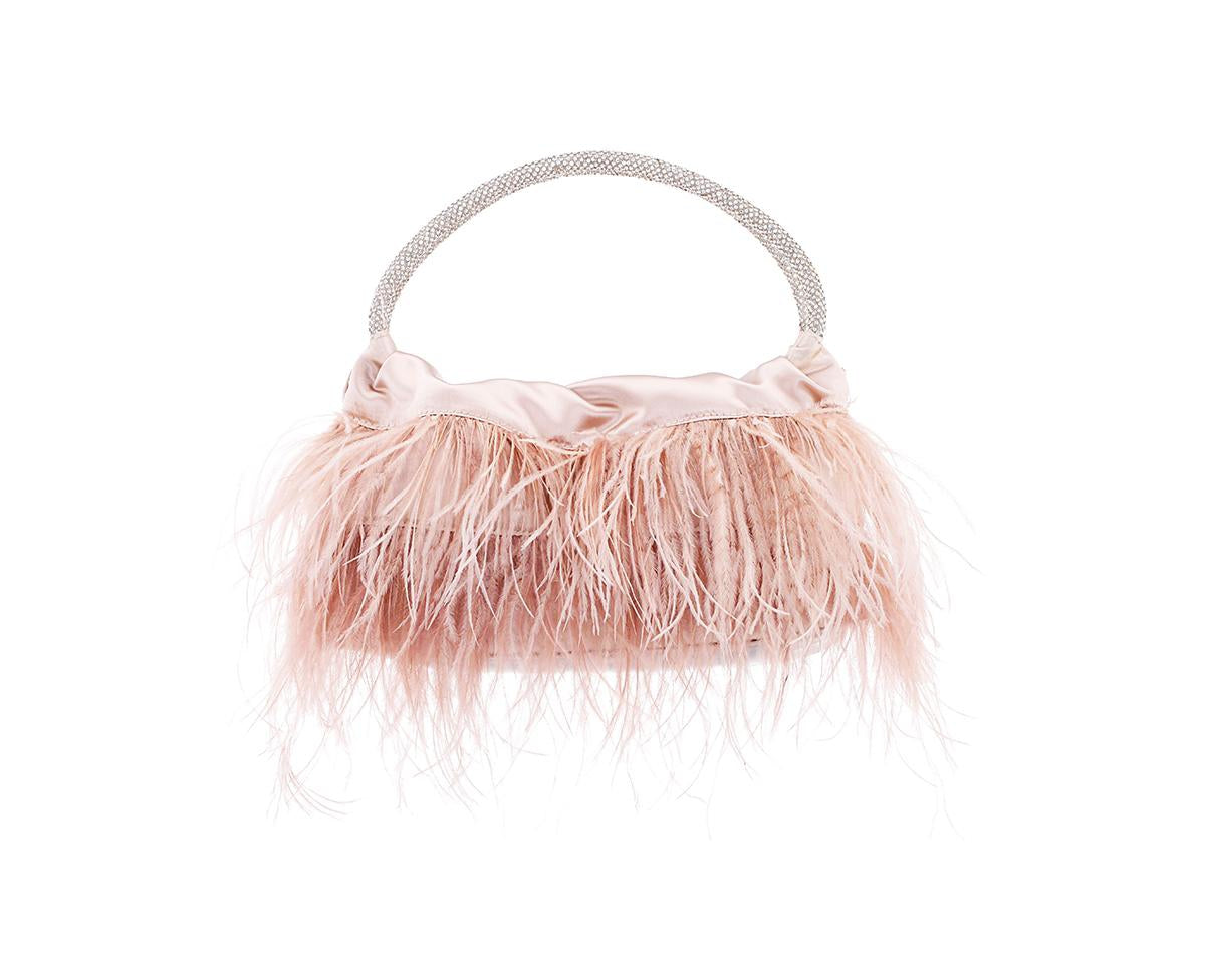 Nina Crystal Handle Feather Pouch - Pearl Rose