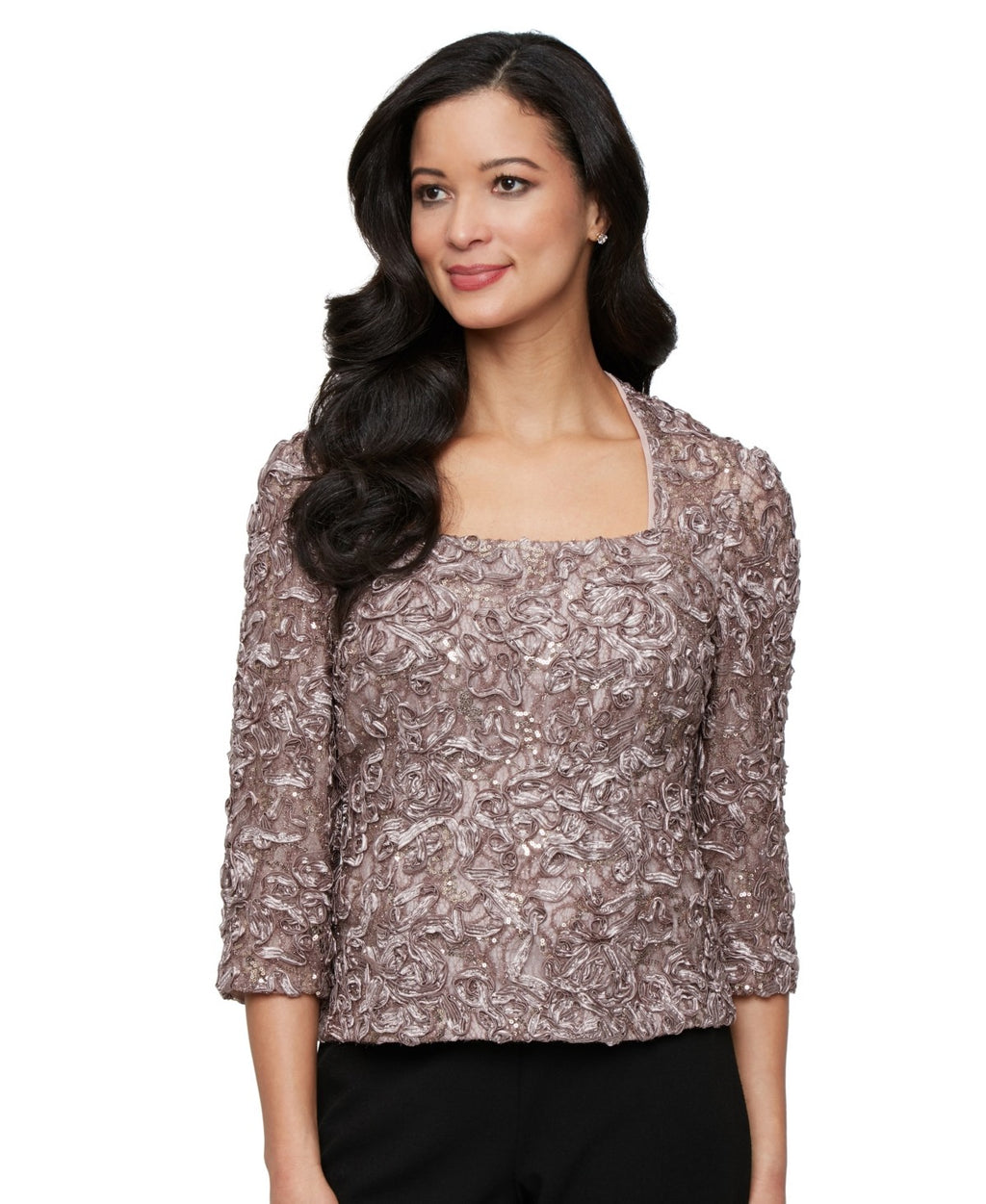 Alex Evenings Women's Soutache Lace 3/4-Sleeve Top - Mink
