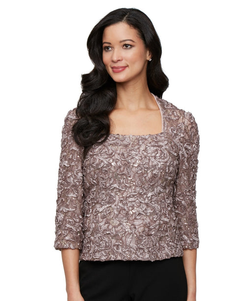 Alex Evenings Women's Soutache Lace 3/4-Sleeve Top - Mink