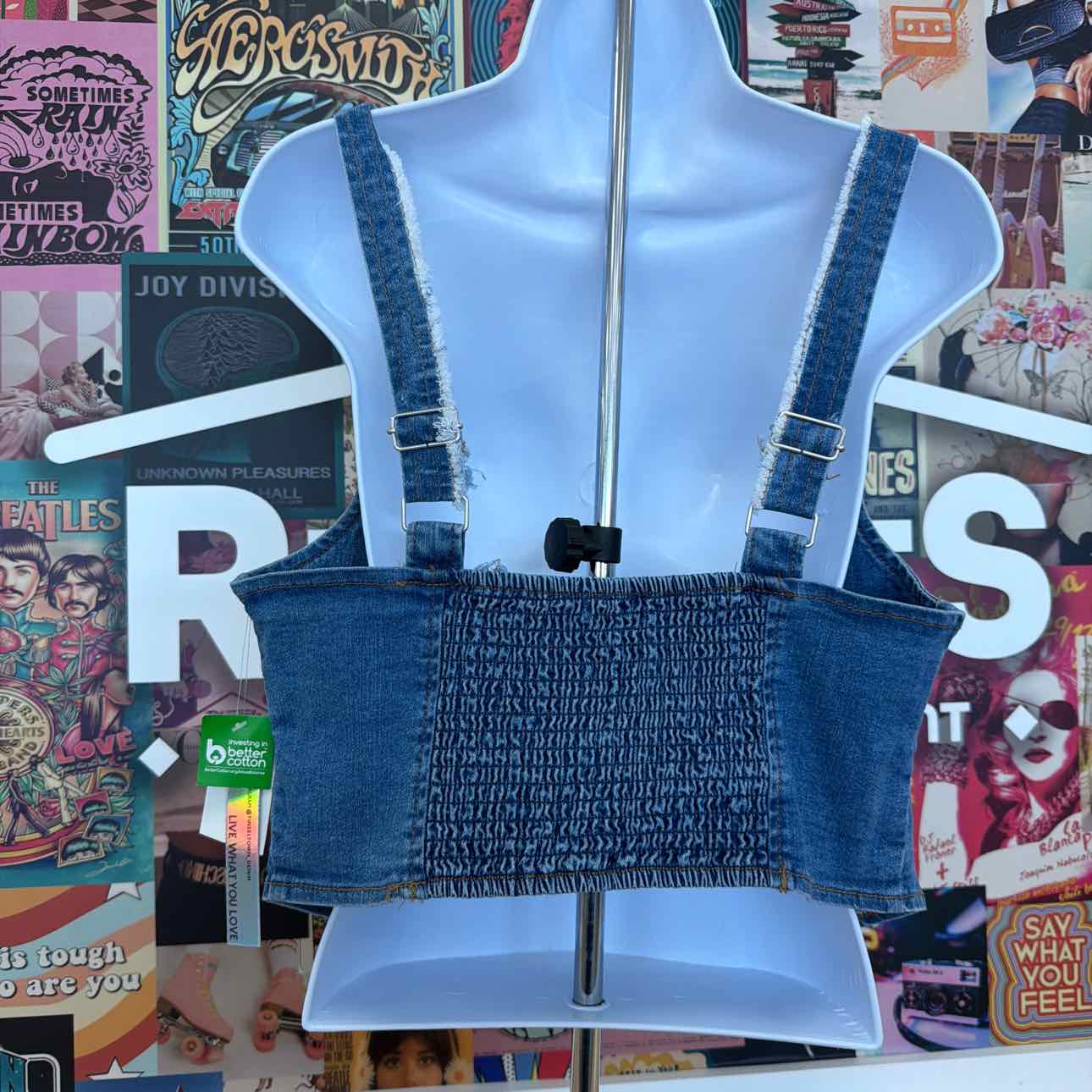 TINSELTOWN Size XL Blue Fray-Trimmed Cropped Denim Corset-Style Top