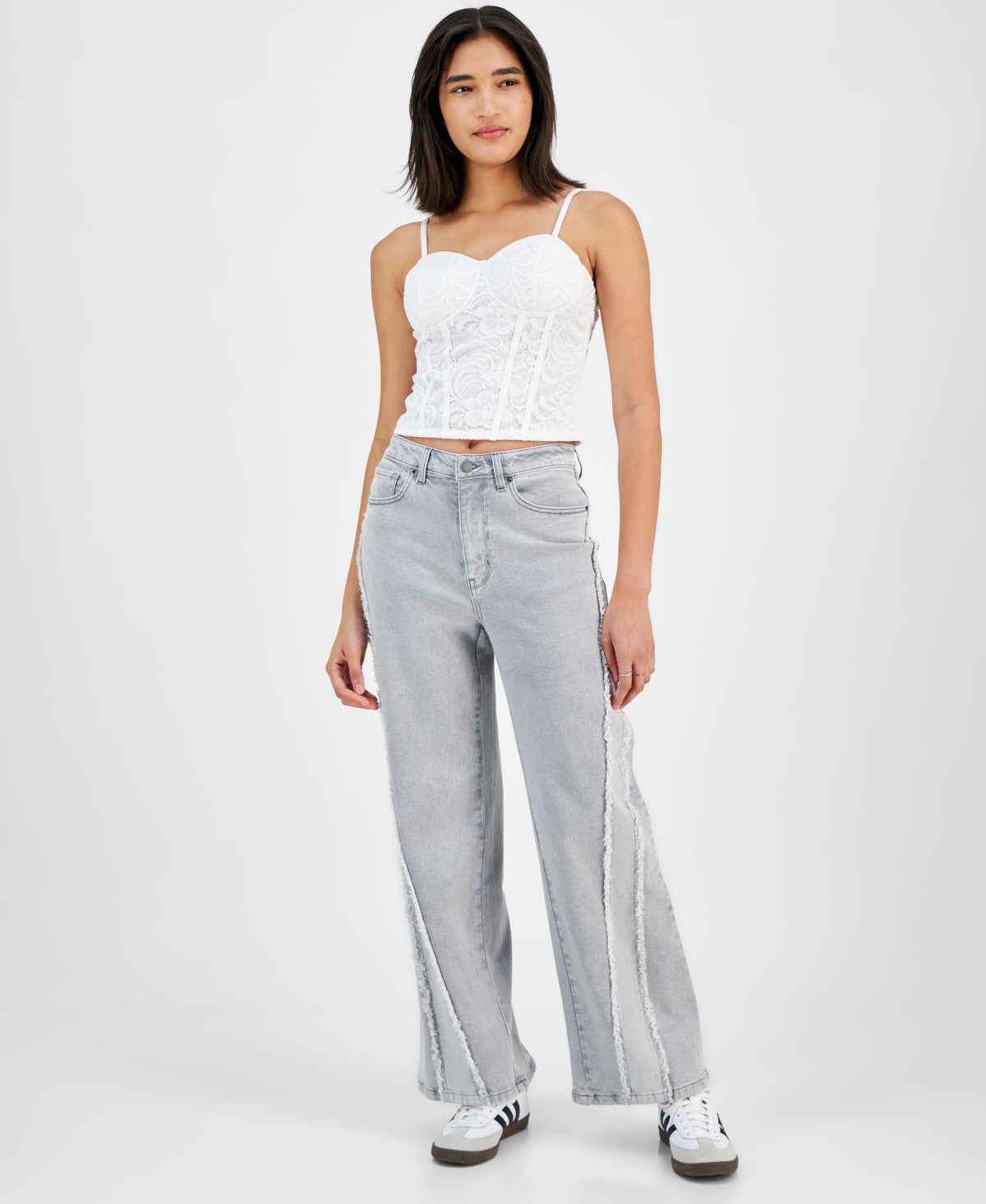 Tinseltown Juniors' High-Rise Frayed Wide-Leg Jeans - Grey - 13