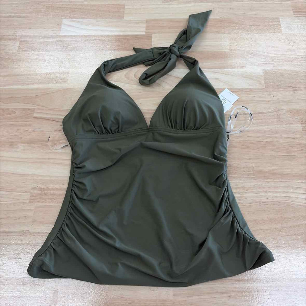 DKNY Size S Halter V-Neck Shirred Tankini Top - Moss