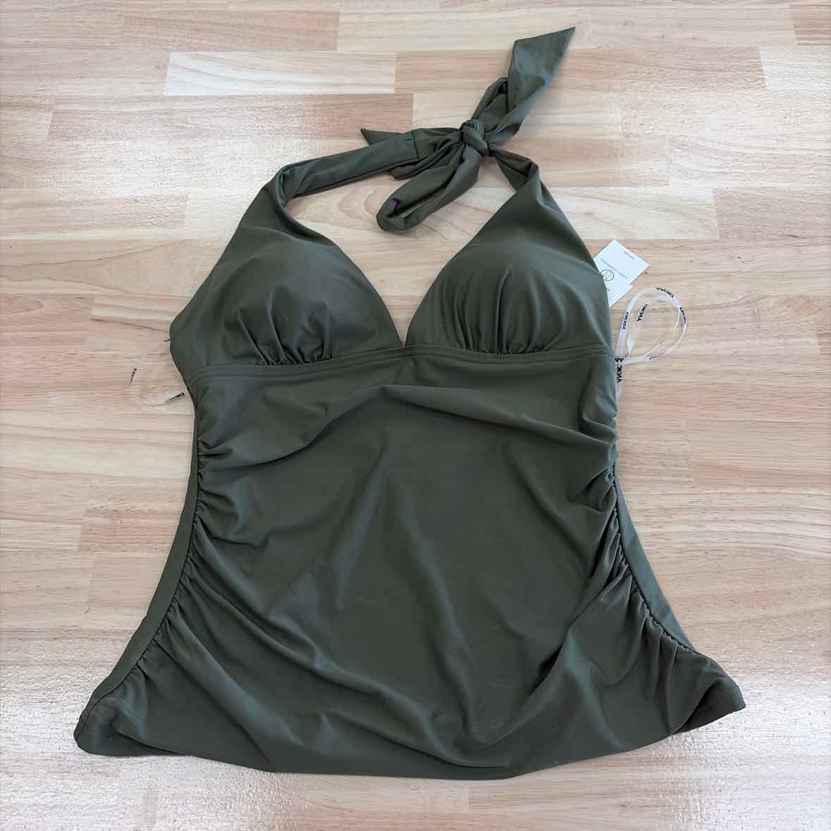 DKNY Size S Halter V-Neck Shirred Tankini Top - Moss