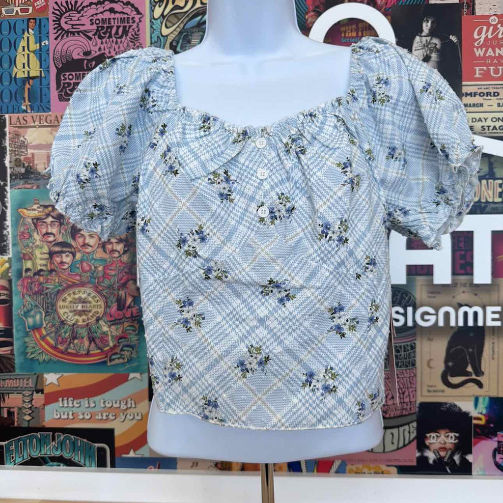 Celebrity pink Size L Cropped Puff-Sleeve Top - Baby Blue Plaid Ditsy