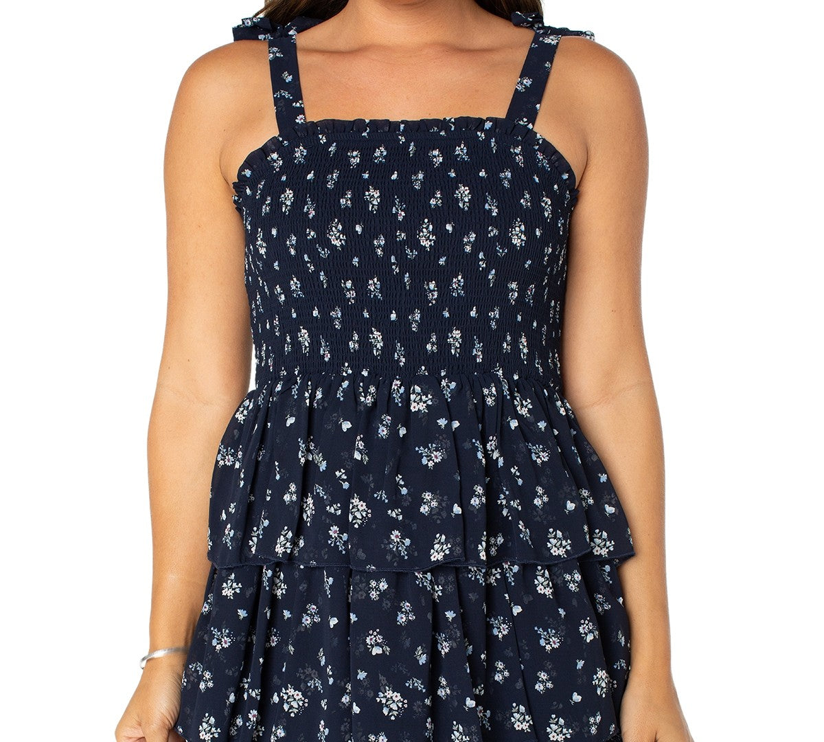Celebrity pink Size M Juniors' Floral-Print Smocked Tiered Chiffon Mini Dress -