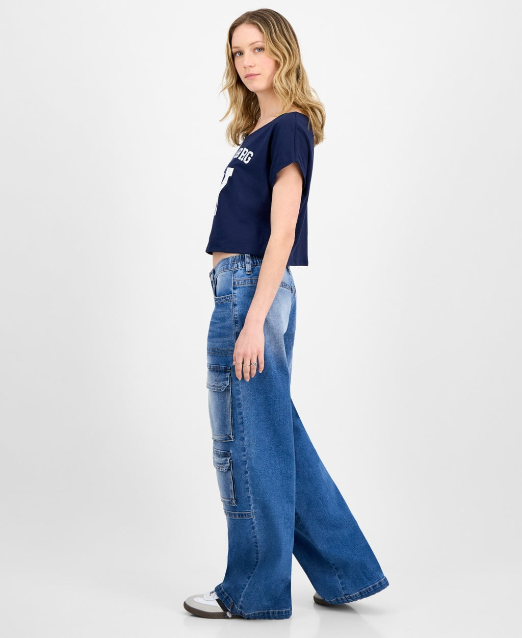Madden Girl Size L High-Rise Parachute Cargo Pants - Medium Wash
