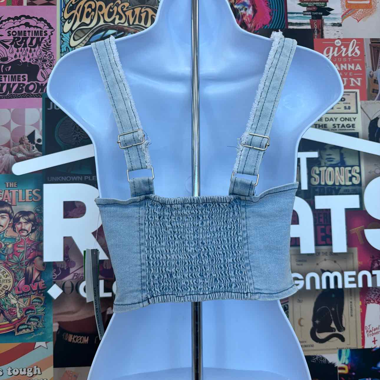 TINSELTOWN Size XS Fray-Trimmed Cropped Denim Corset-Style Top - Light Wash
