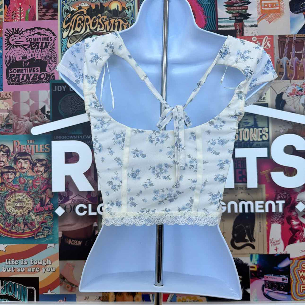 hippie rose Size XS Corset Short-Sleeve Mesh Top - White Floral