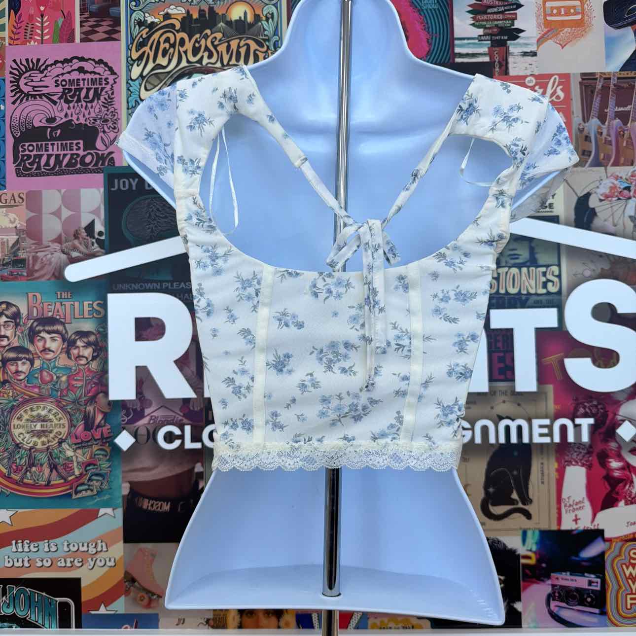 hippie rose Size XS Corset Short-Sleeve Mesh Top - White Floral