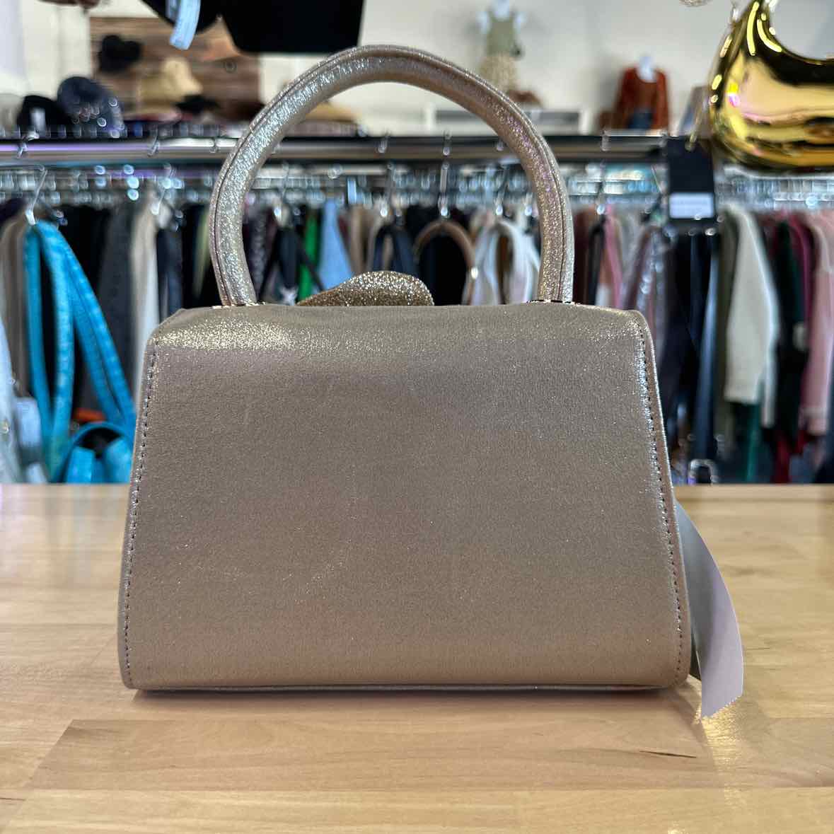 Nina Crystal Flower Embellished Metallic Satchel Bag - Taupe