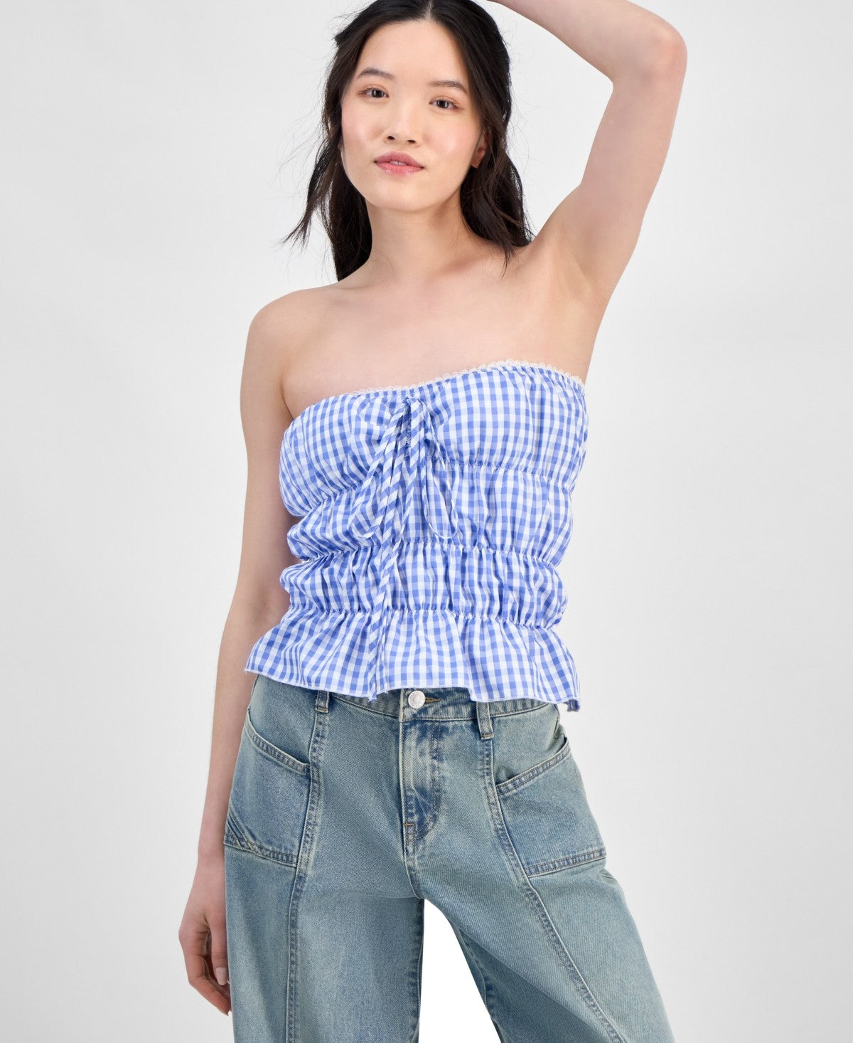 Rebellious One Size M Gingham Shirred Strapless Top - Baby Blue