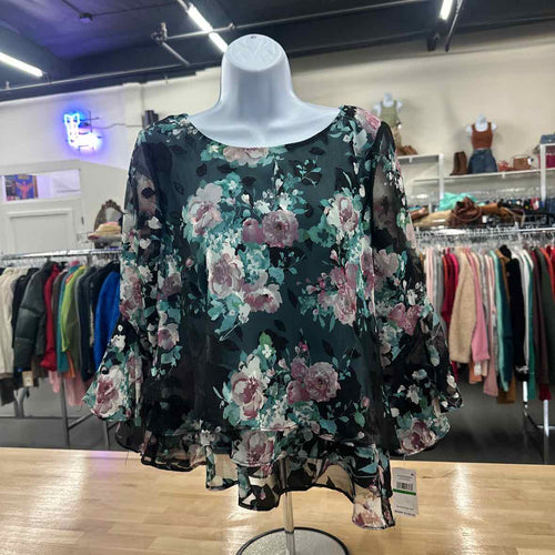 Alex Evenings Floral-Print Asymmetrical-Hem Bell-Sleeve Tiered Top