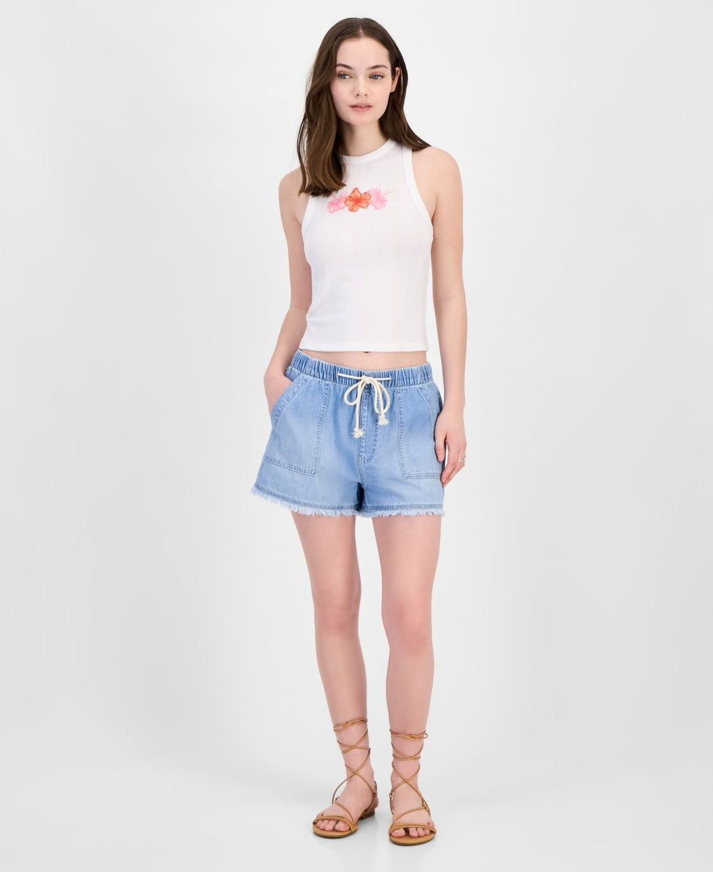 Grayson Threads, the Label Juniors' Pointelle Hibiscus Graphic Tank Top - White