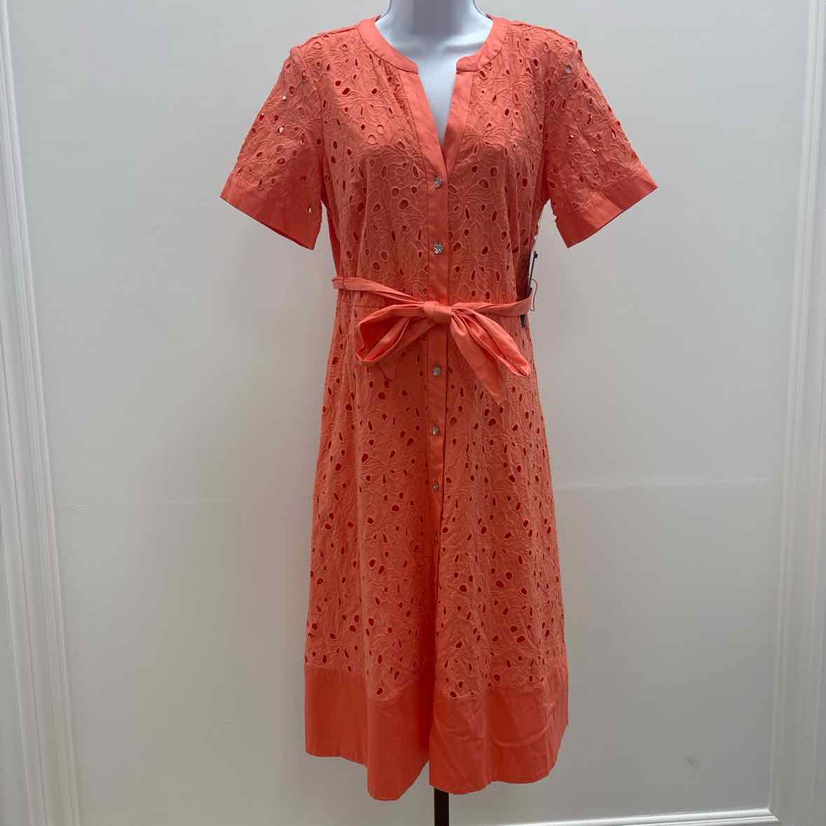 Karl Lagerfield Size 14 Women's Eyelet Cotton a-Line Shirtdress - Coral