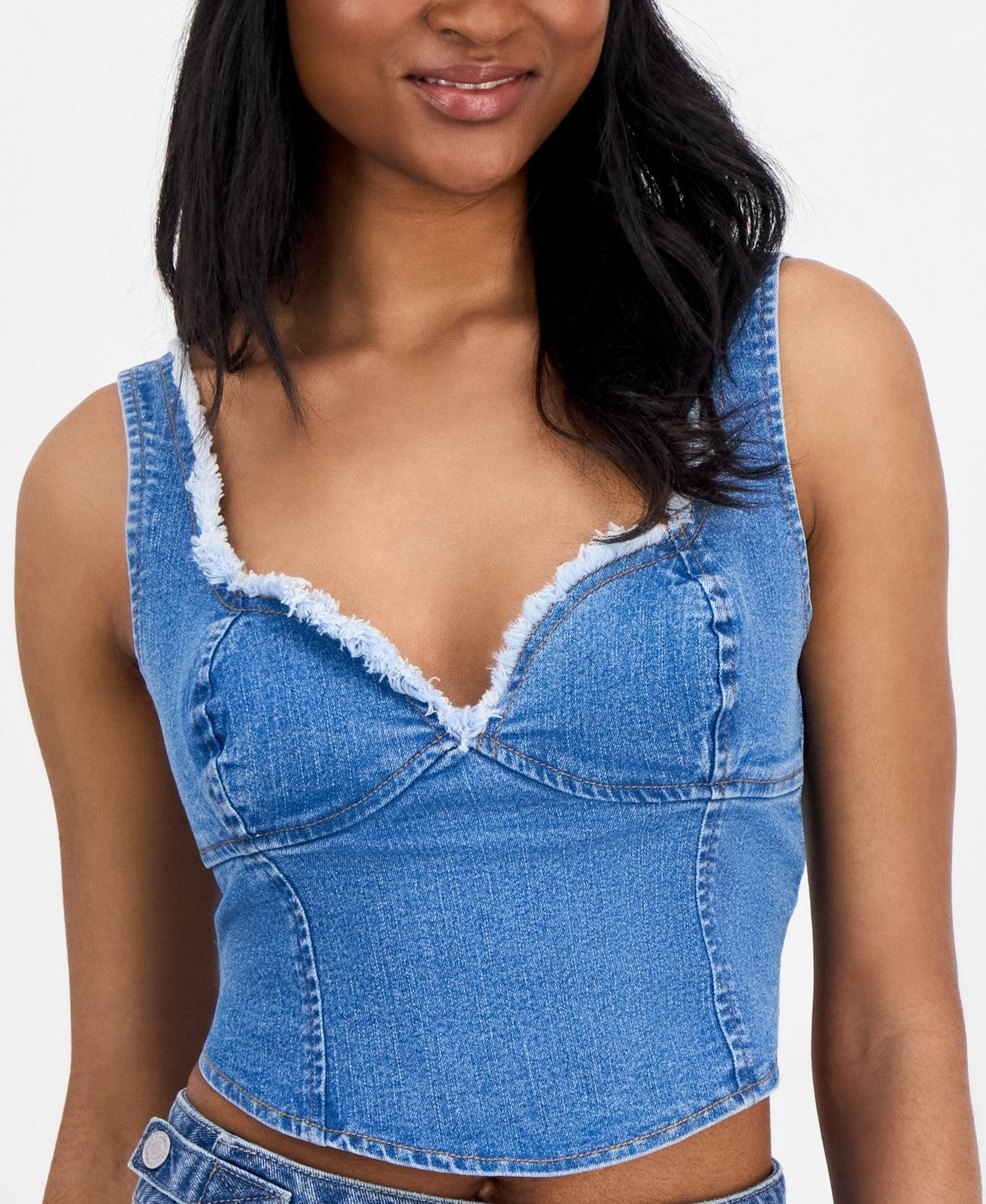 TINSELTOWN Size M Blue Fray-Trimmed Cropped Denim Corset-Style Top