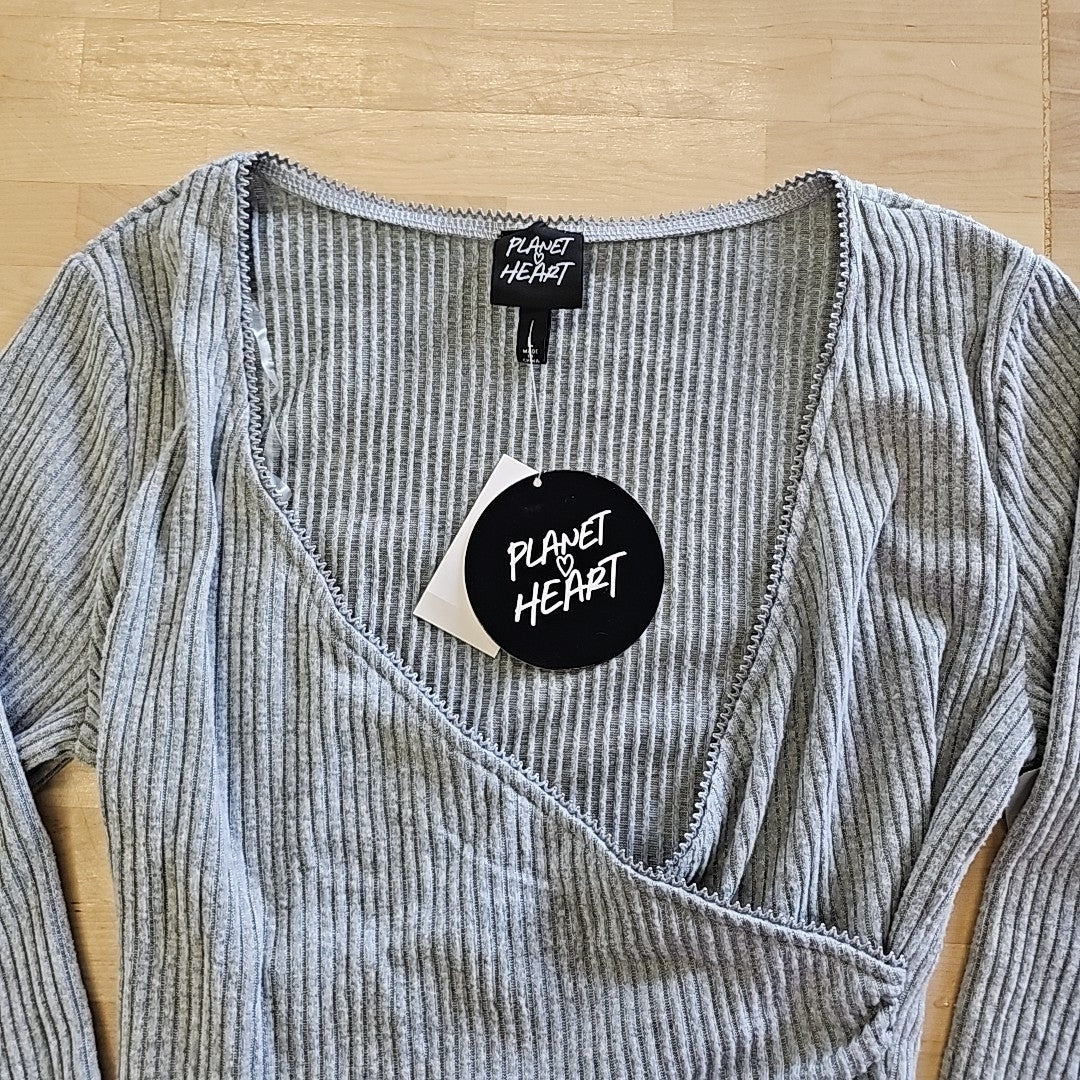 Planet Heart Juniors' Surplice-Neck Ribbed Long Sleeve Top - Medium Heather