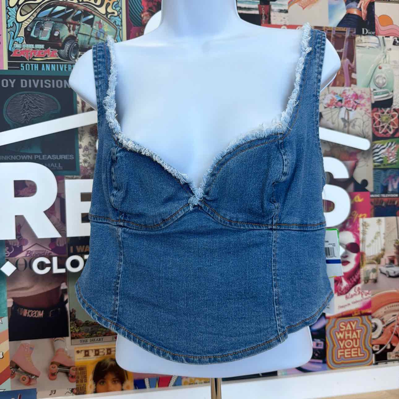 TINSELTOWN Size XL Blue Fray-Trimmed Cropped Denim Corset-Style Top