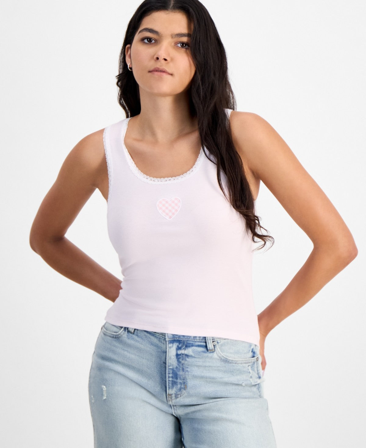 Just Polly Size S Gingham Heart Patch Lace-Trim Tank Top