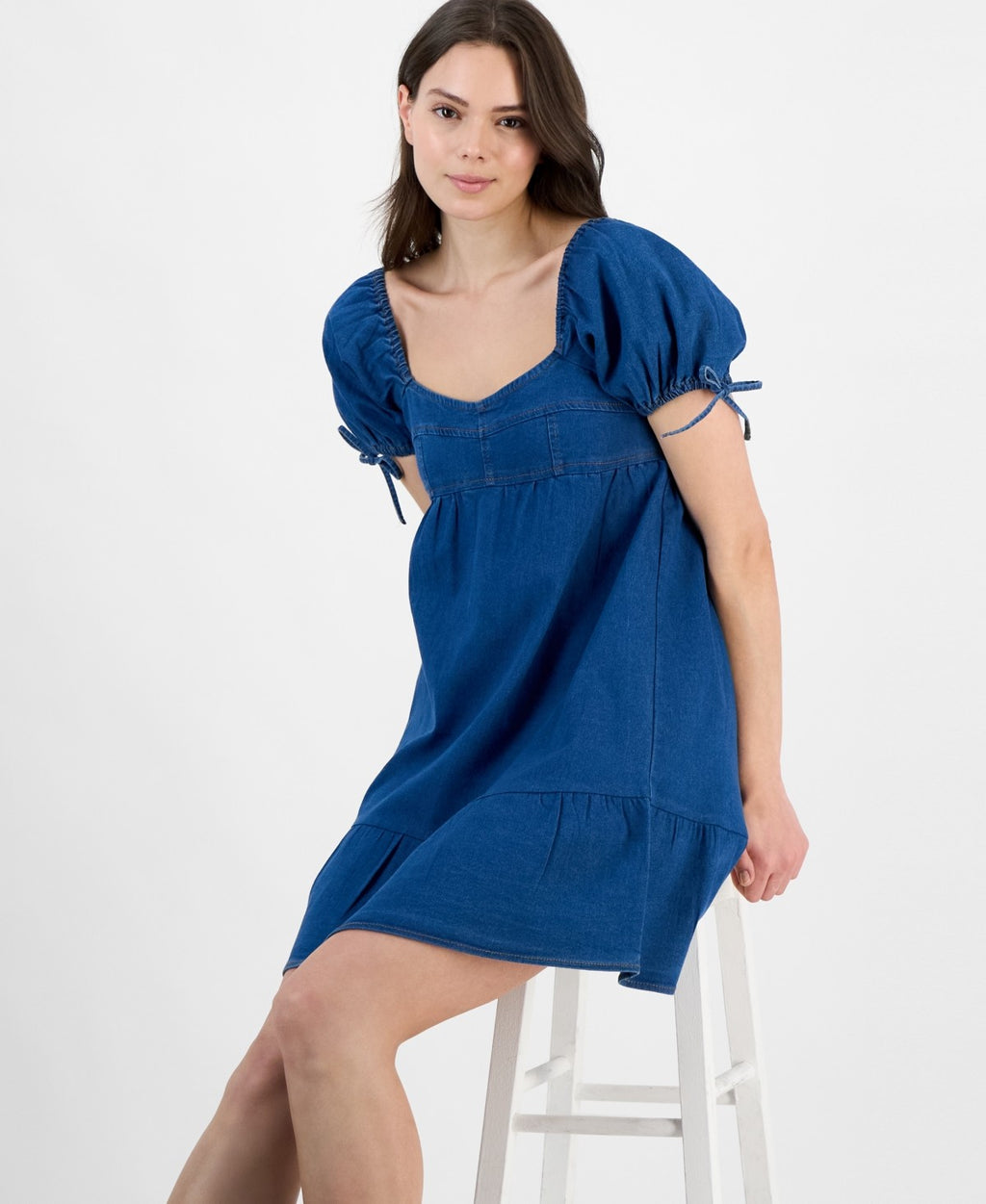 Planet Heart Size XS Juniors' Denim Puff-Sleeve Mini Dress - Mid Blue Wash