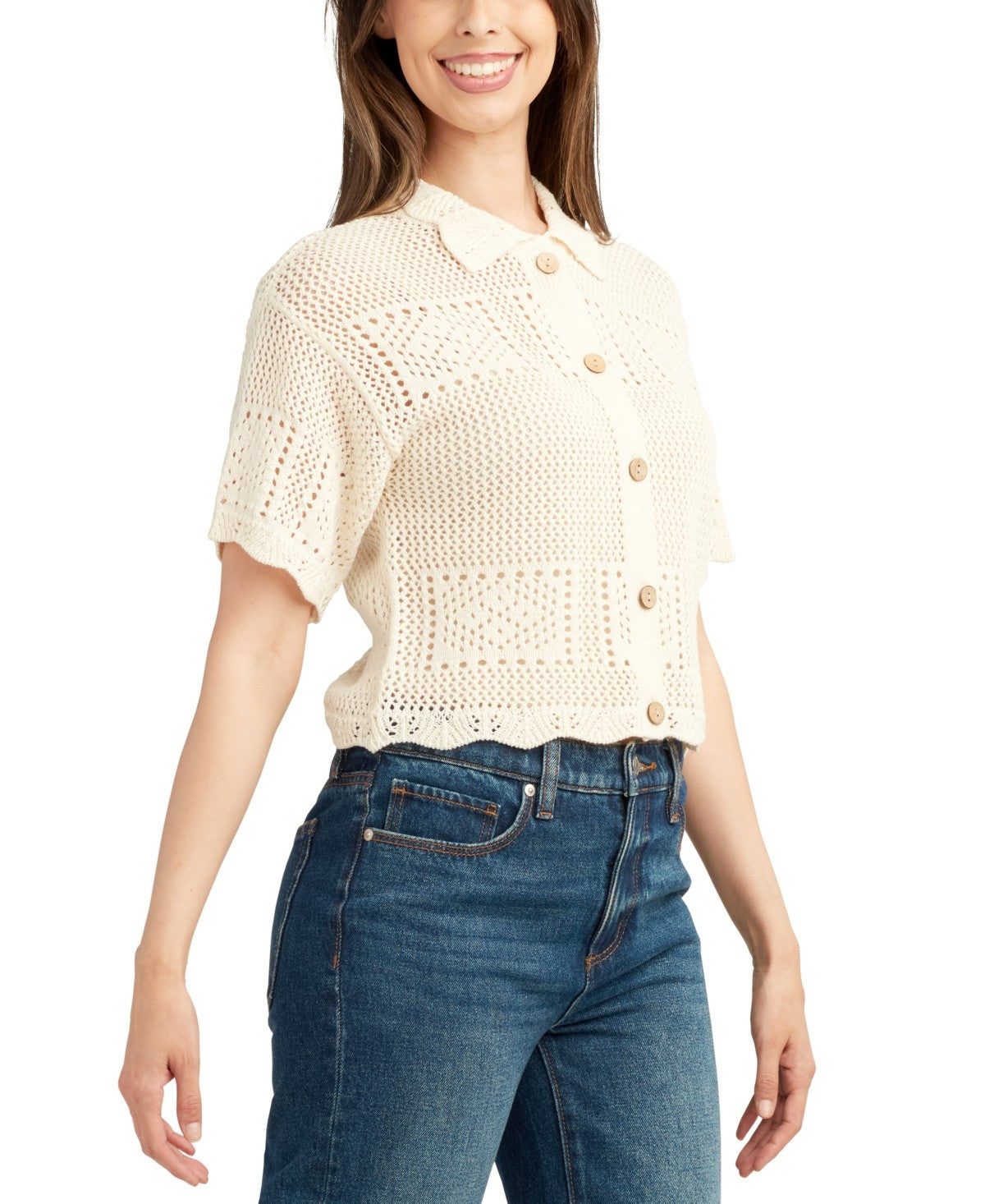 Bcx Juniors' Short-Sleeve Scalloped Cardigan Sweater - Ivory