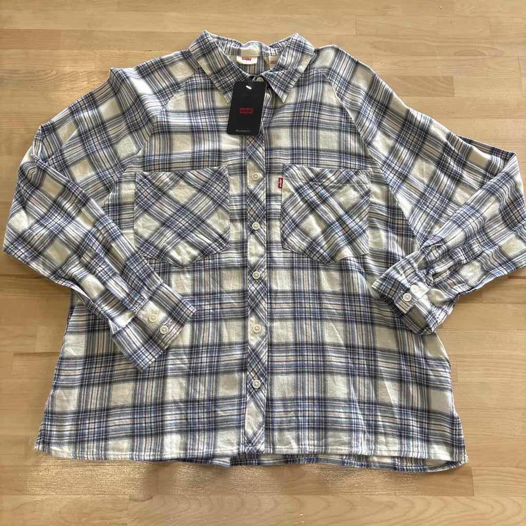 Levi's Size S Pink Blue Button Down Harrison Raglan Shirt- Clayton Plaid Indigo