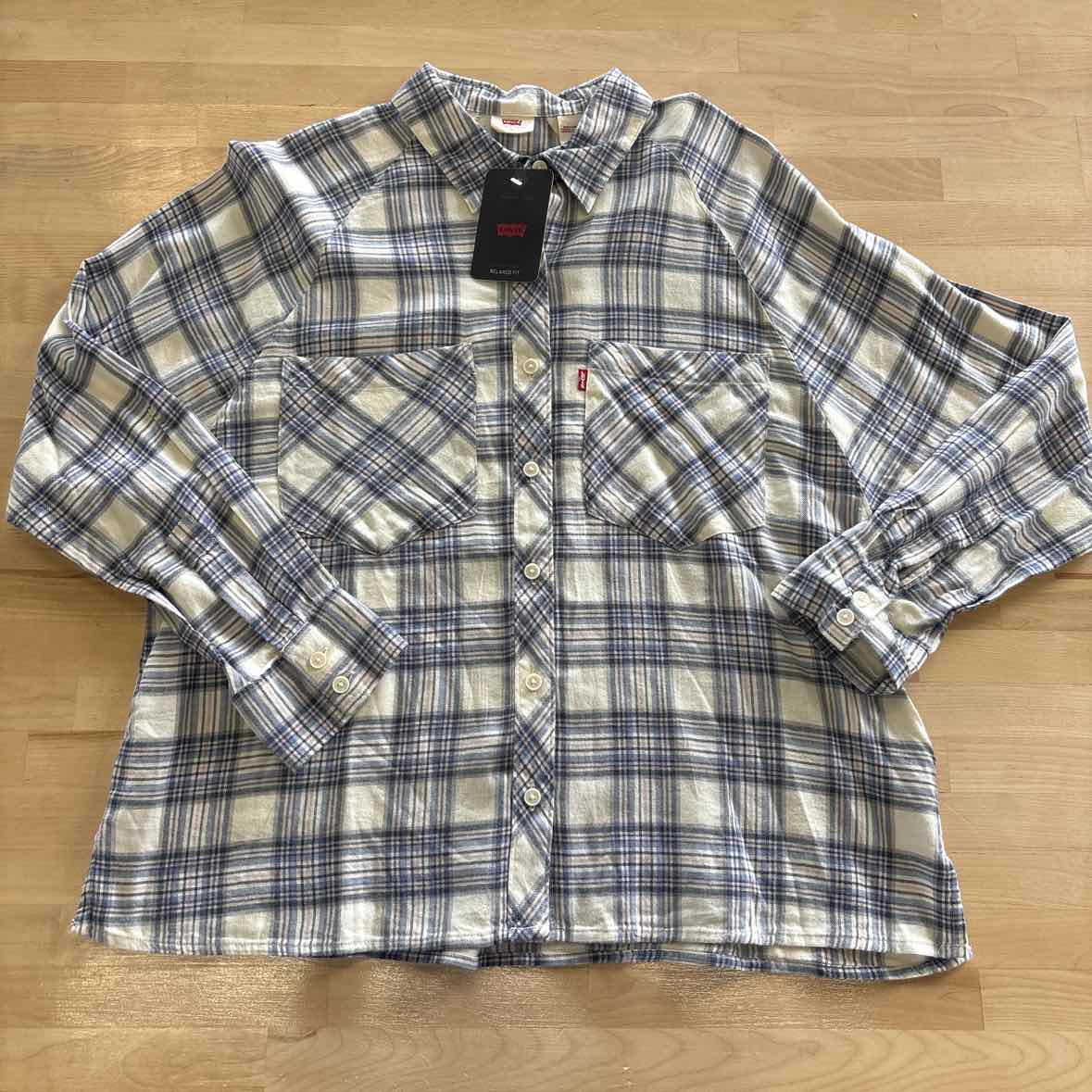 Levi's Size S Pink Blue Button Down Harrison Raglan Shirt- Clayton Plaid Indigo