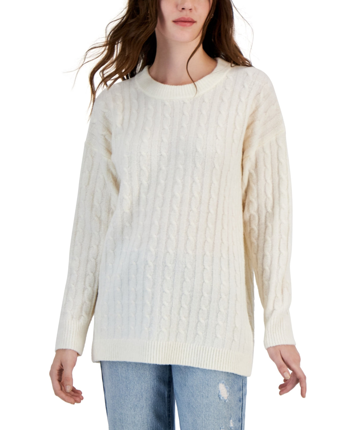 hippie rose Size S Cable-Knit Crewneck Tunic Sweater - Blizzard White