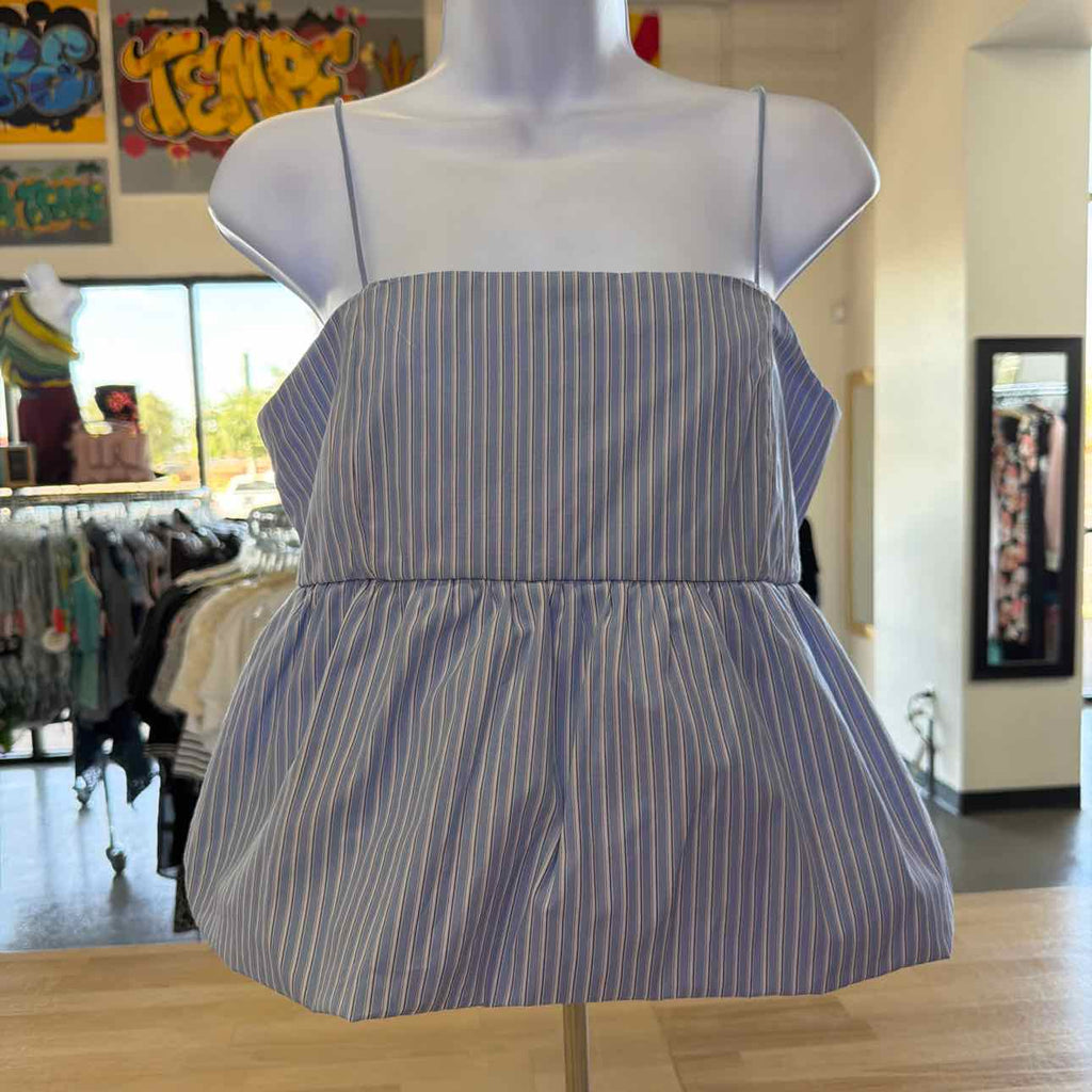 Madden Girl Juniors' Poplin Bubble Tank Top - Blue/White Stripe