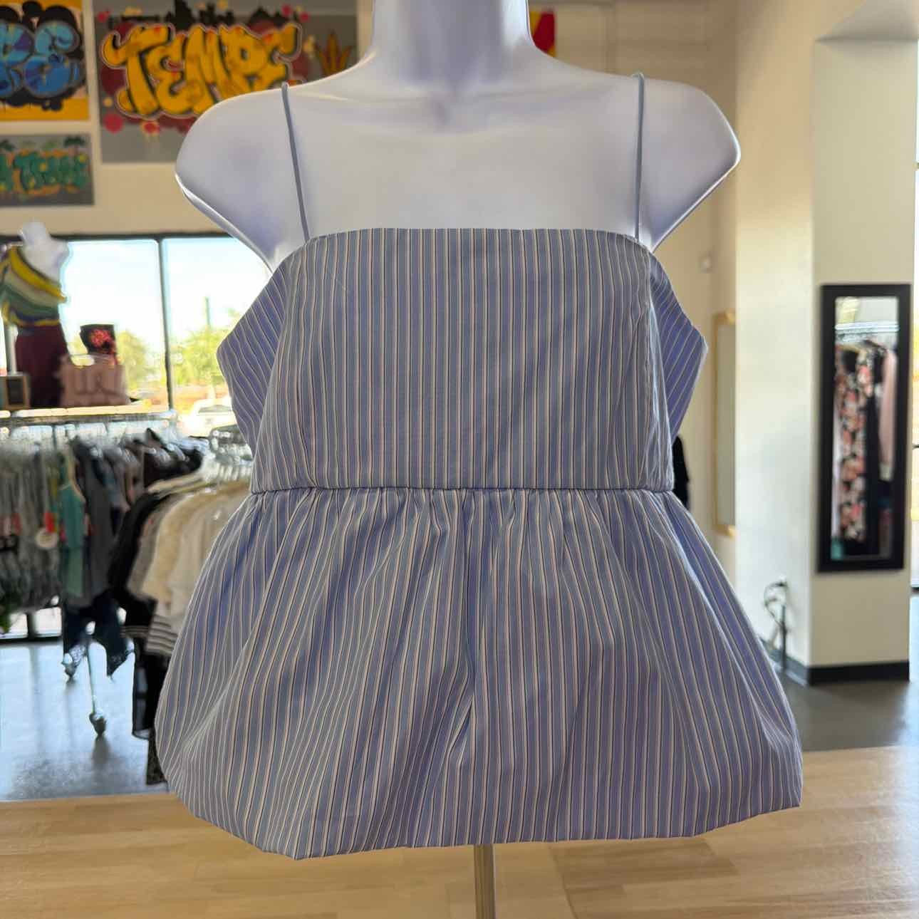 Madden Girl Juniors' Poplin Bubble Tank Top - Blue/White Stripe