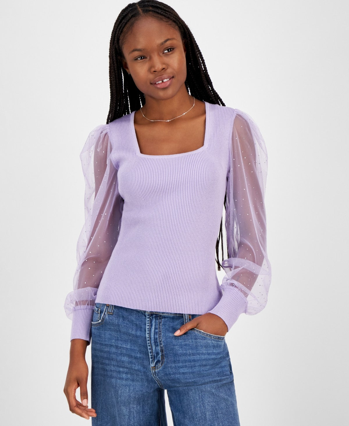 Madden Girl Juniors' Square-Neck Rhinestone-Sleeve Sweater - Lavender Haze
