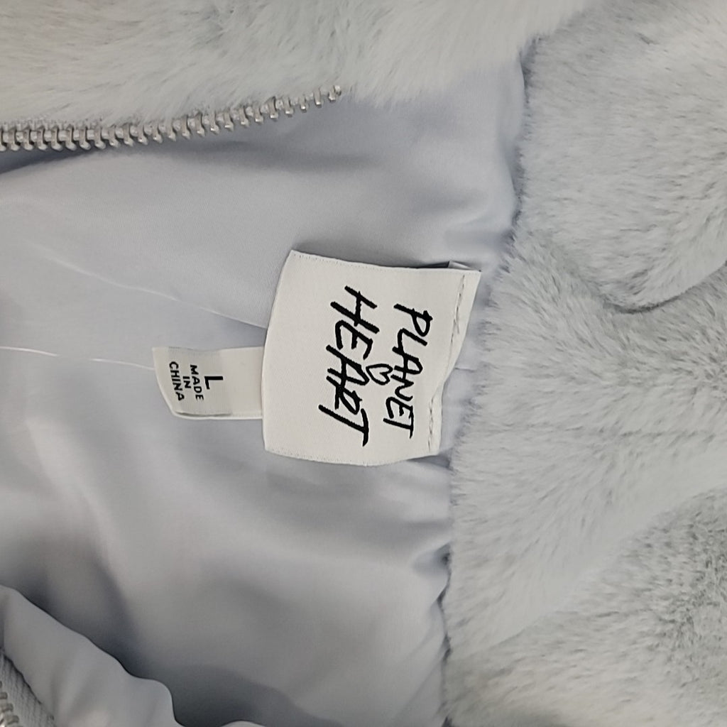 Planet Heart Size L Faux-Fur Cozy Zip-Front Jacket - Blue Opal