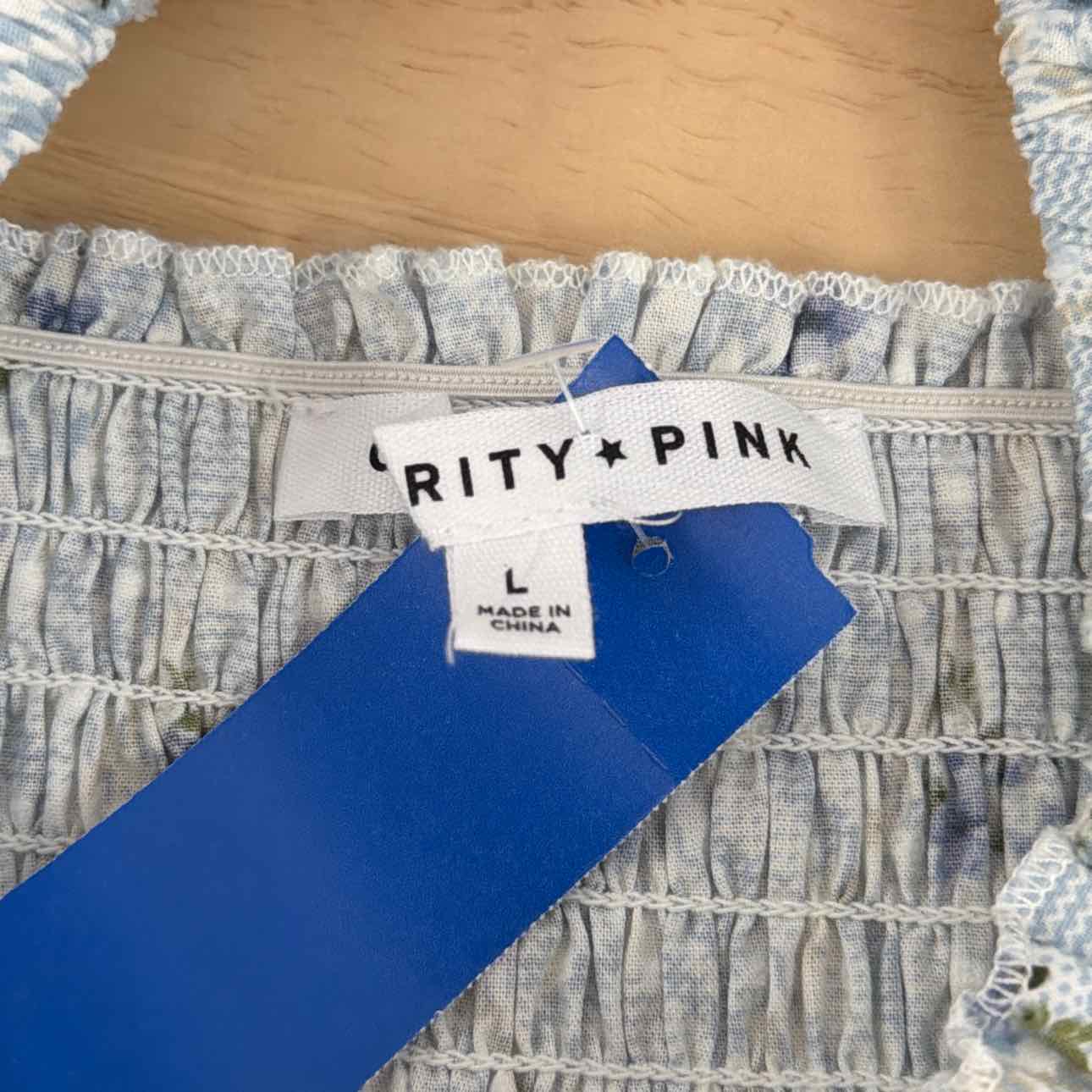 Celebrity pink Size L Cropped Puff-Sleeve Top - Baby Blue Plaid Ditsy